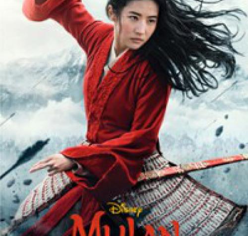 Czarno włosa kobieta w czerwonym uniformie z mieczem w ręku. Pod spodem tytuł filmu MULAN