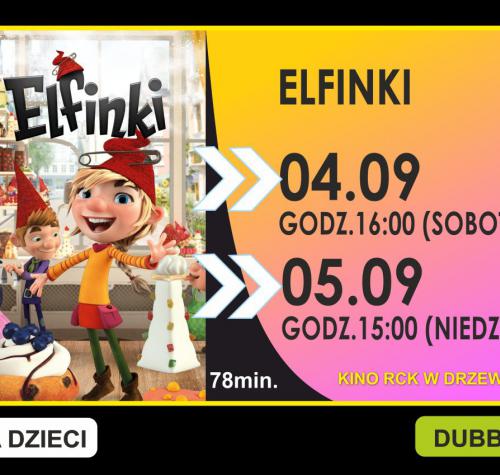 Po lewej stronie plakat promujący film Elfinki. Po prawej stronie informacje dotyczące terminu wyświetlania.