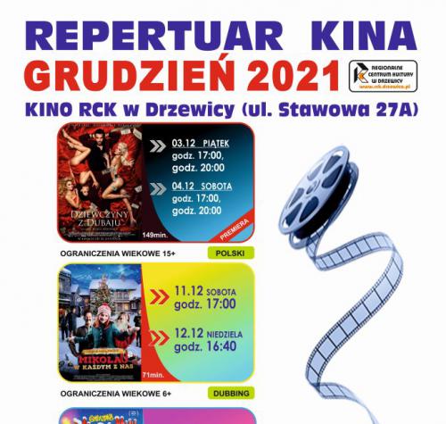 Repertuar kina na miesiąć grudzień 2021 roku. Grafika przedstawia plakaty filmów wraz z terminami wyświetleń.