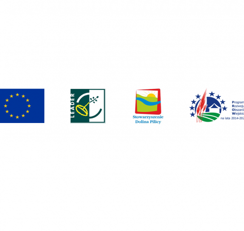 Od lewej, flaga Uni Europejskiej, logo LEADER, logo Stowarzyszenia Doliny Pilicy, logo Programu Rozwoju obszarów Wiejskich na lata 2014-2020