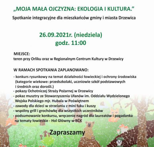 Plakat promujący spotkanie integracyjne "Moja mała ojczyzna: ekologia i kultura"