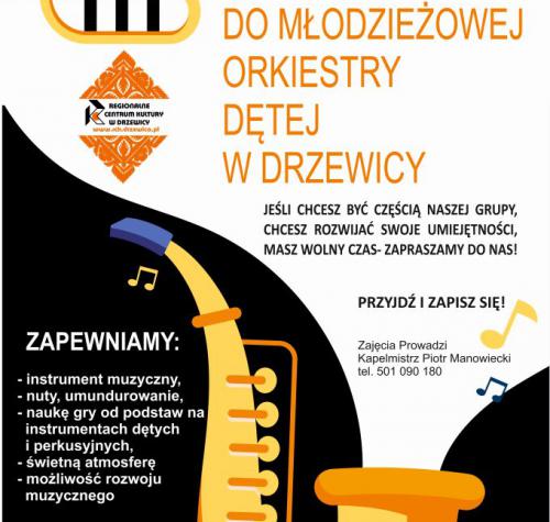 Plakat promujący nabór do młodzieżowej orkiestry dętej