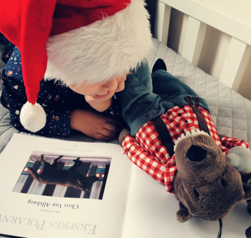 Plakat przedstawia chłopca, ubranego w czapkę Św. Mikołaja, czytającego książkę. Obok chłopca leży maskotka- renifer, w czerwono-białej koszuli w kratkę i granatowe spodnie na szelki. 