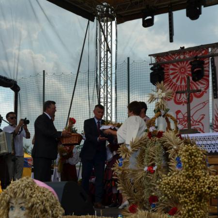 Burmistrz Drzewicy przyjmuje Dary dożynkowe od Sołtysów wsi Żardki , obok stoi kilka osób.