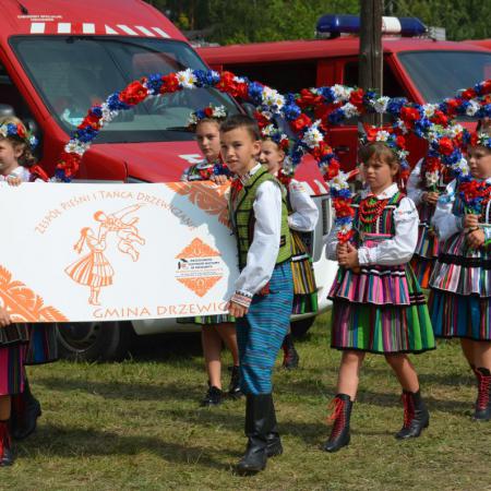 Zespół MALI DRZEWICZANIE podczas korowodu dożynkowego.