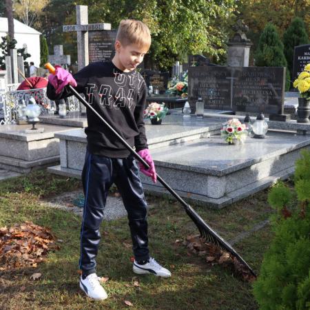 Chłopiec grabi liście obok zabytkowego grobu