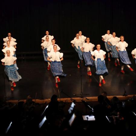 Kobiety z zespołu "Śląsk" tańczą na scenie